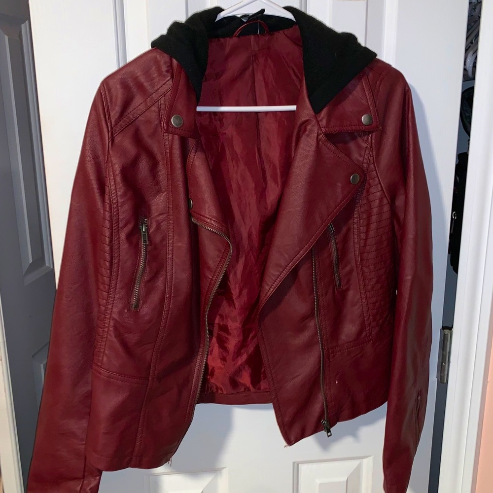 Fake leather jacket sweatshirt hood